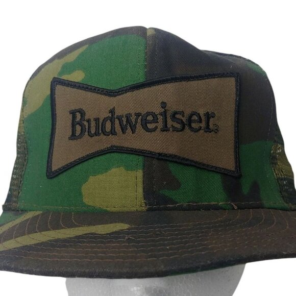 Budweiser Beer Cap Hat Camouflage Green Snap Back Trucker Vintage USA Hunting - Picture 1 of 9